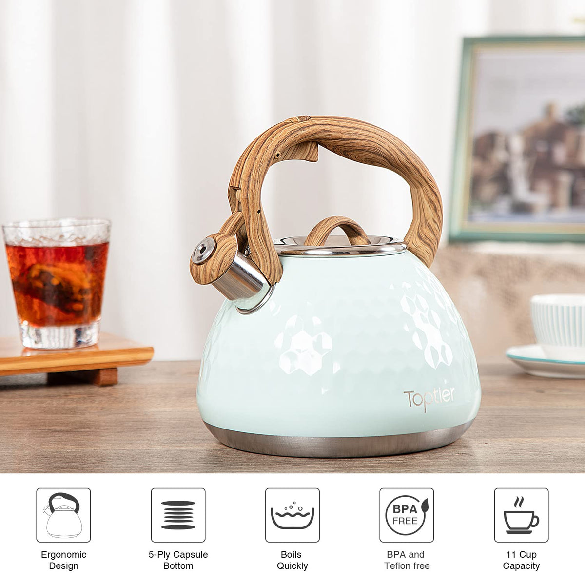 Tea Kettle, Toptier Teapot Whistling Kettle with Wood Pattern Handle Loud Whistle, Food Grade Stainless Steel Tea Pot for Stovetops Induction Water Kettle, 2.7-Quart Butterfly