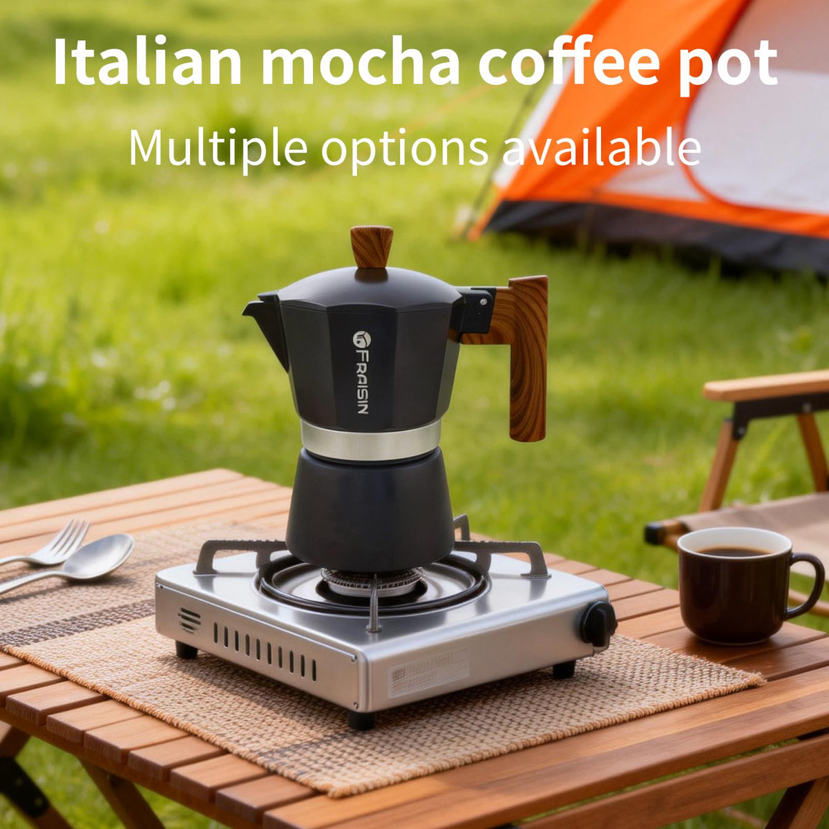Stovetop Espresso Moka Pot Coffee Maker, Non-slip Wood Grain Handle, Cast Aluminum, Compatible with Gas, and Electric Stoves (Black, 12 cups)