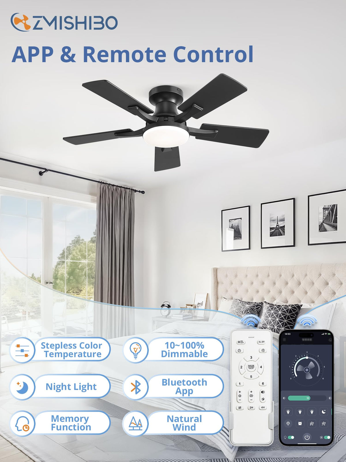 ZMISHIBO 52 Inch Ceiling Fans with Lights, Remote&App Control, Flush Mount