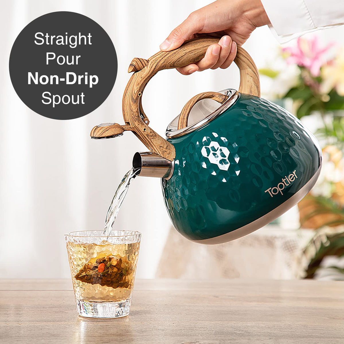 Tea Kettle, Toptier Teapot Whistling Kettle with Wood Pattern Handle Loud Whistle, Food Grade Stainless Steel Tea Pot for Stovetops Induction Water Kettle, 2.7-Quart Butterfly