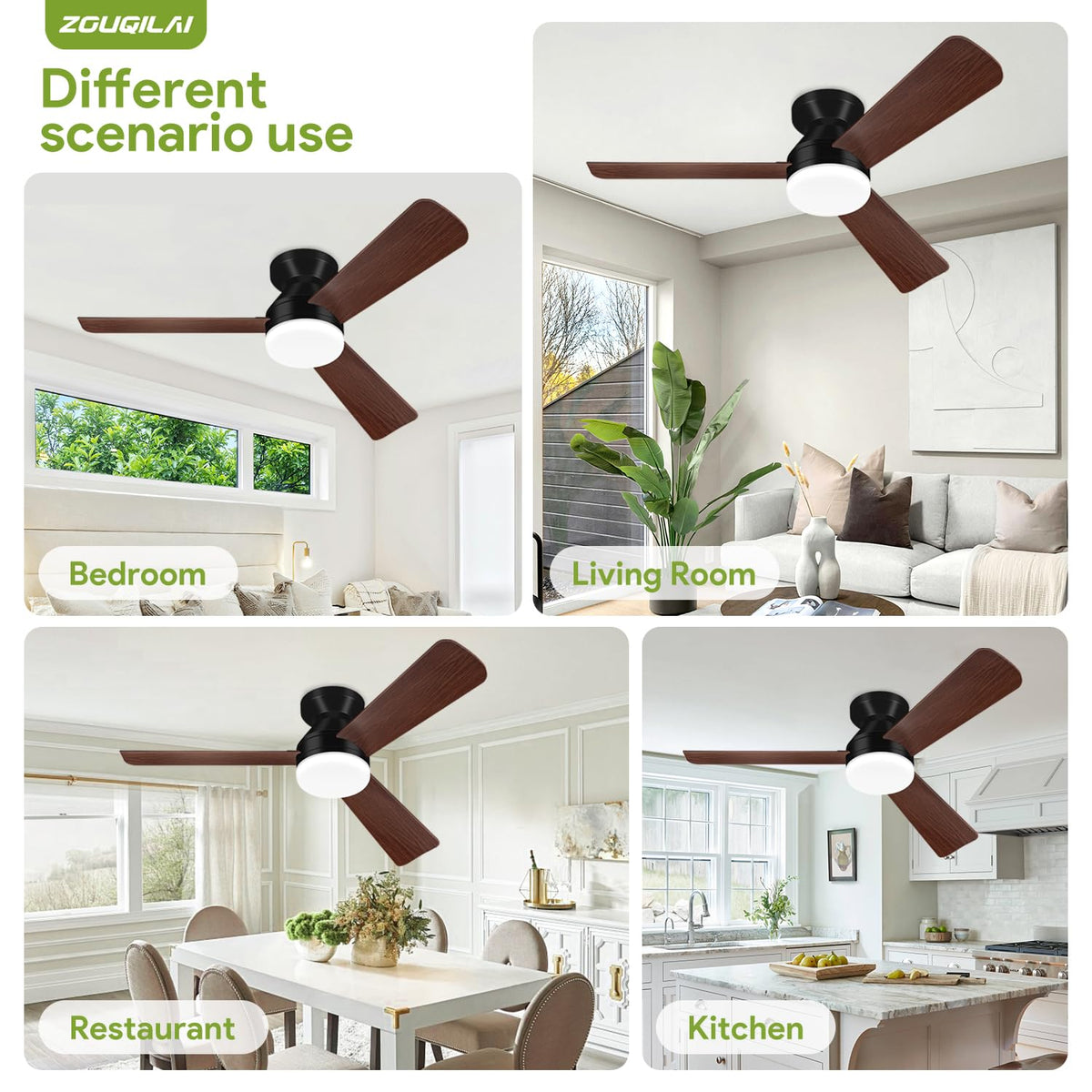 42'' Black Low Profile Ceiling Fans with Lights and Remote Control