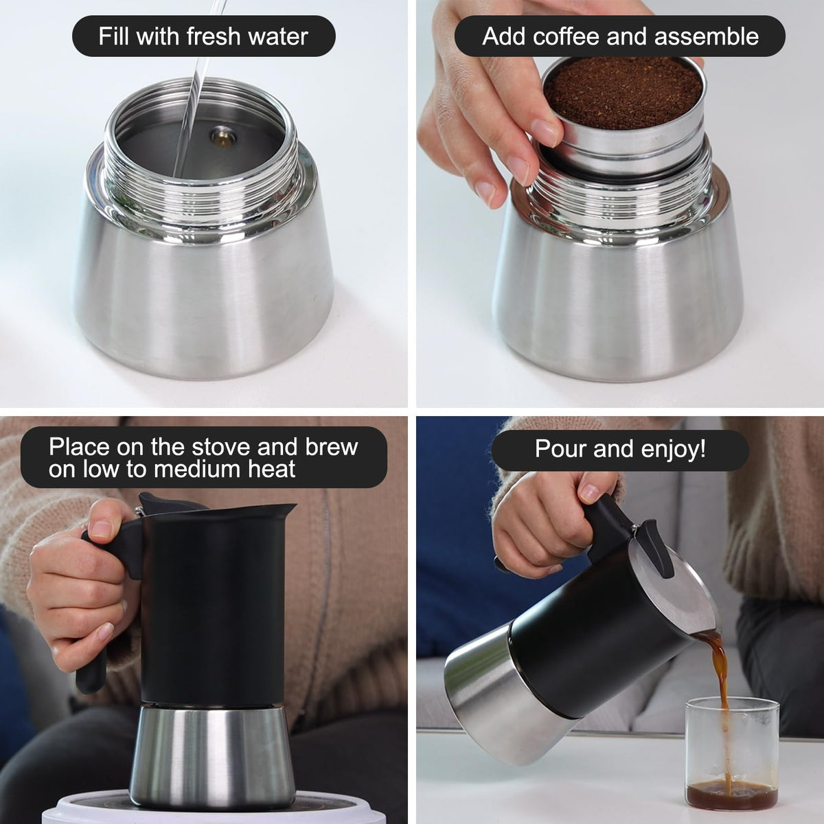Sivaphe4 cups Stainless Steel Stovetop Espresso Coffee Maker | Induction Support 10 oz Intalian Moka Pot | Durable Cuban Coffee Maker 200ml(1 Cup=50ml)