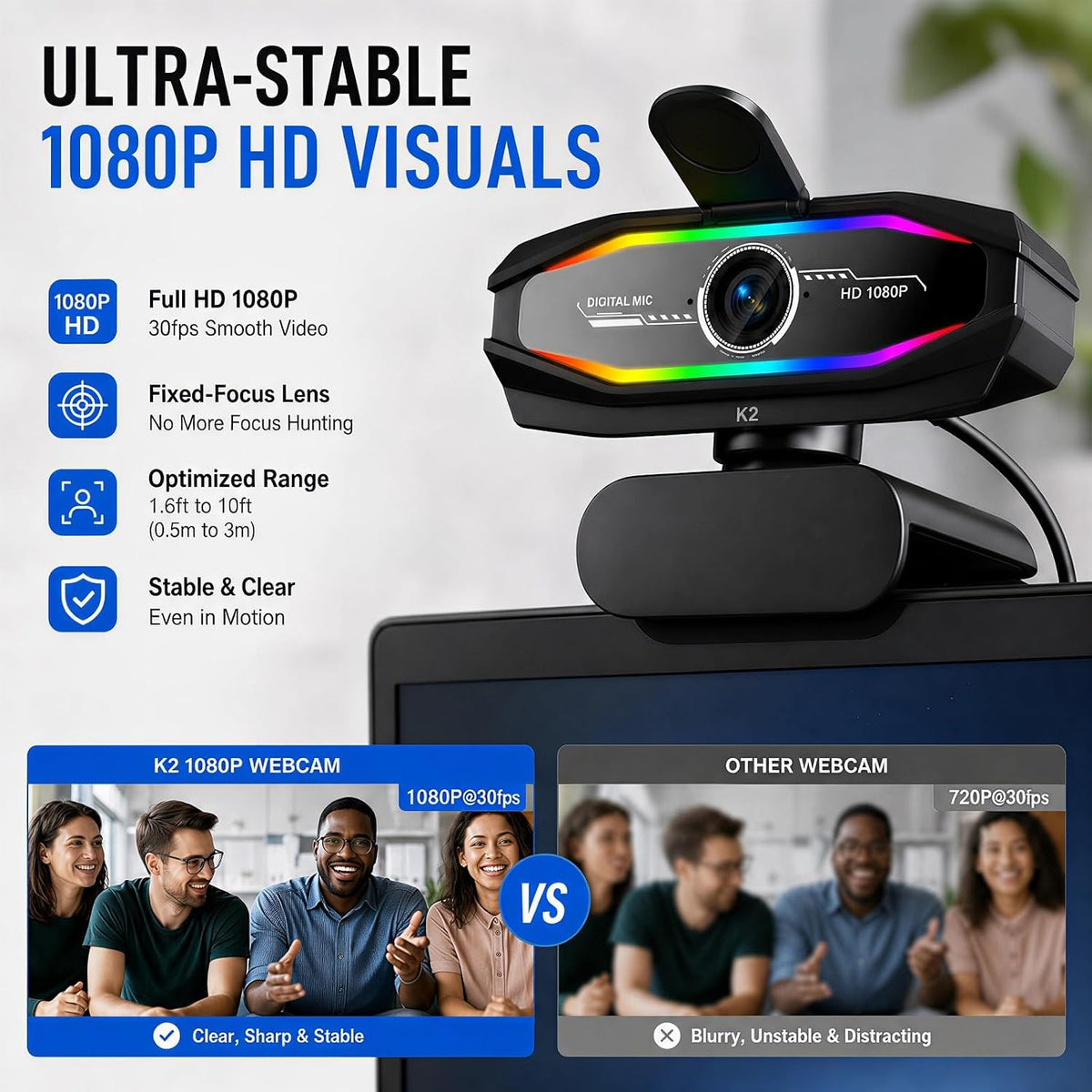 1080P Webcam for PC,90°FOV Web Camera with RGB Light Auto Light Correction