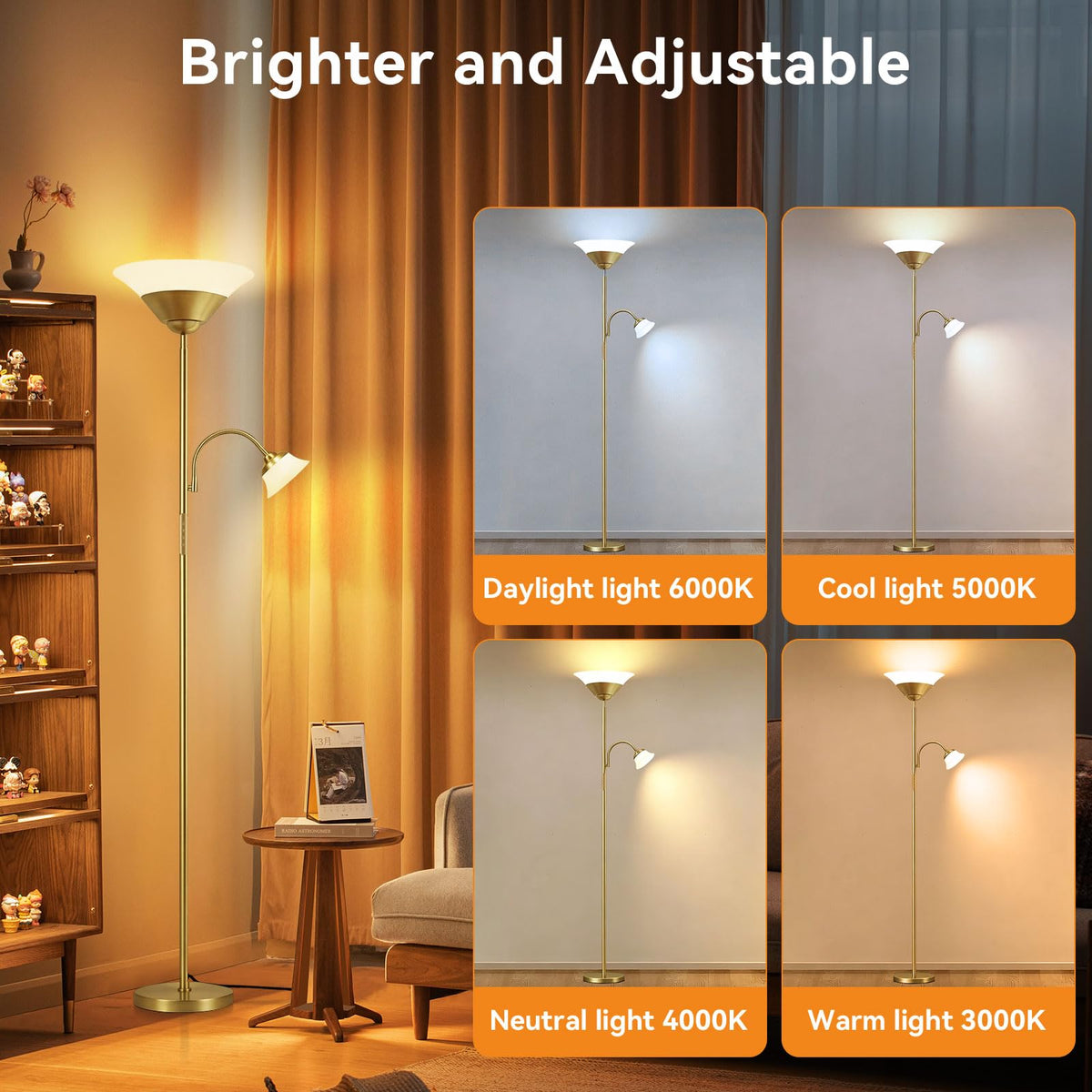 SIBRILLE 2-in-1 Torchiere Floor Lamp, 34W Super Bright LED Standing Lamp with Remote & Touch Control, 72" Dimmable Adjustable Corner Reading Lamp for Living Room, Bedroom, Office, Black