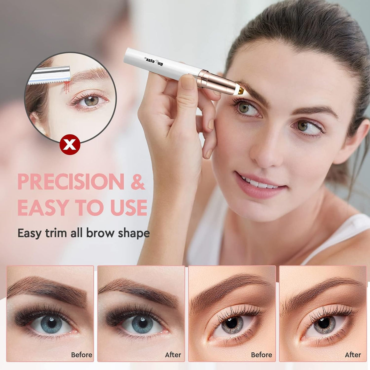 gurelax Eyebrow Hair Remover, Electric Eyebrow Trimmer for Women,Face and Eye Brow Razor with LED Light for Women Rechargeable with 2 x Replacement Heads (White)