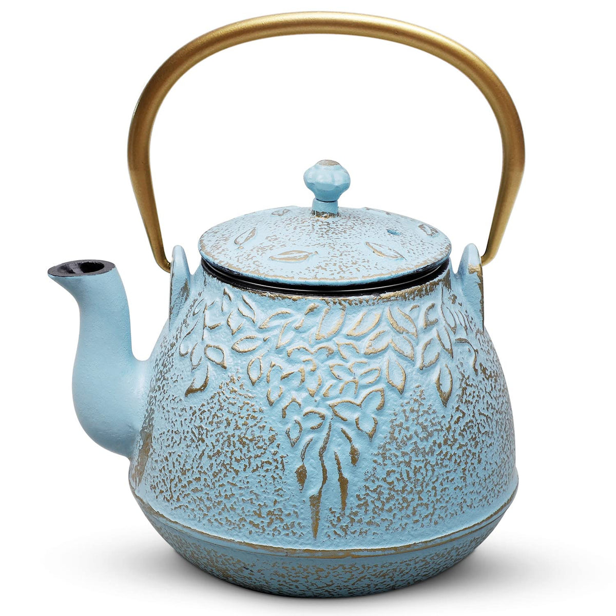 TOPTIER Japanese Teapot with Stainless Steel Infuser, Cast Iron Tea Kettle Stovetop Safe, Leaf Design Coated with Enameled Interior for 32 Ounce (950 ml), Light Green