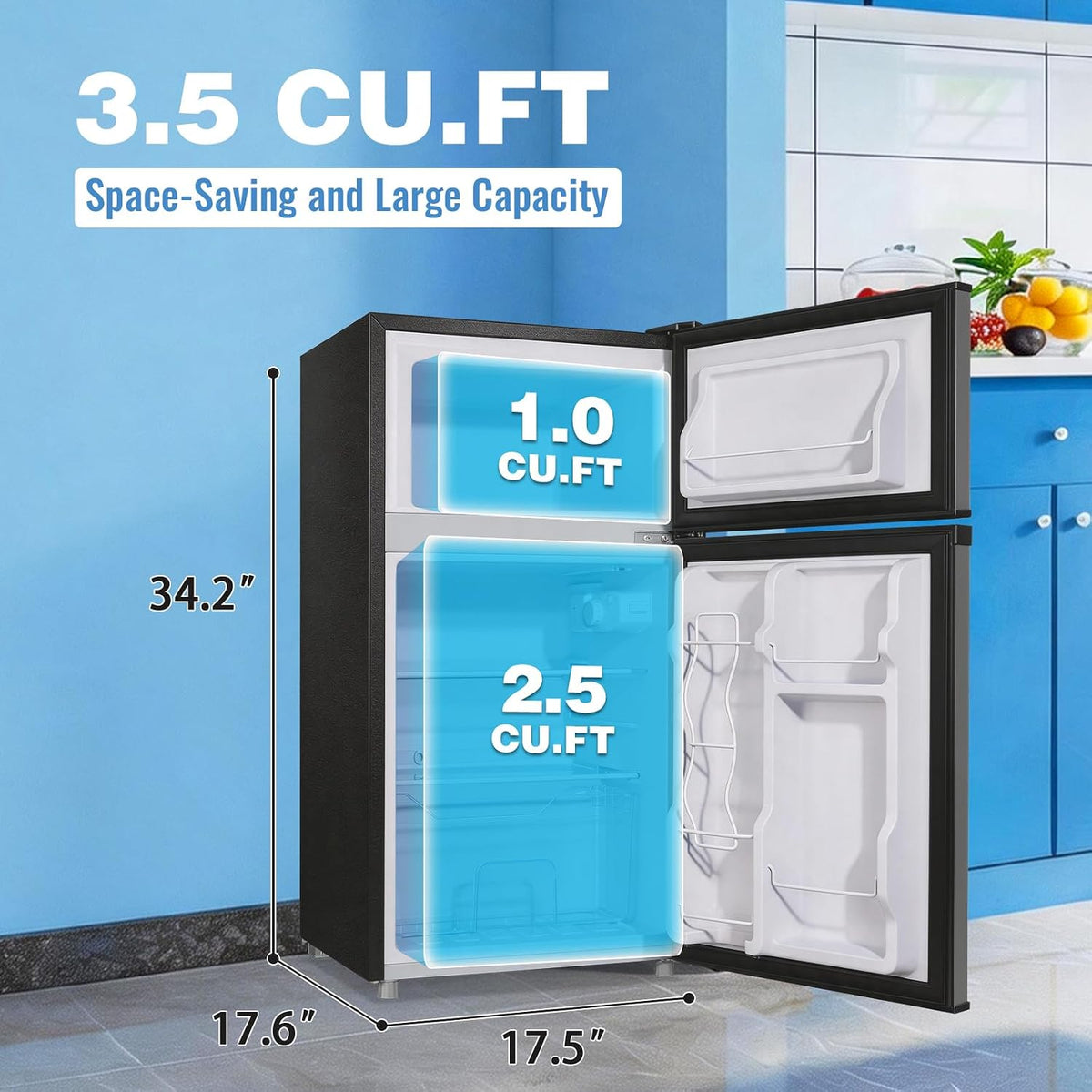 3.5 Cu.Ft Compact Refrigerator Gray, Dual-Door MIni Fridge for Home