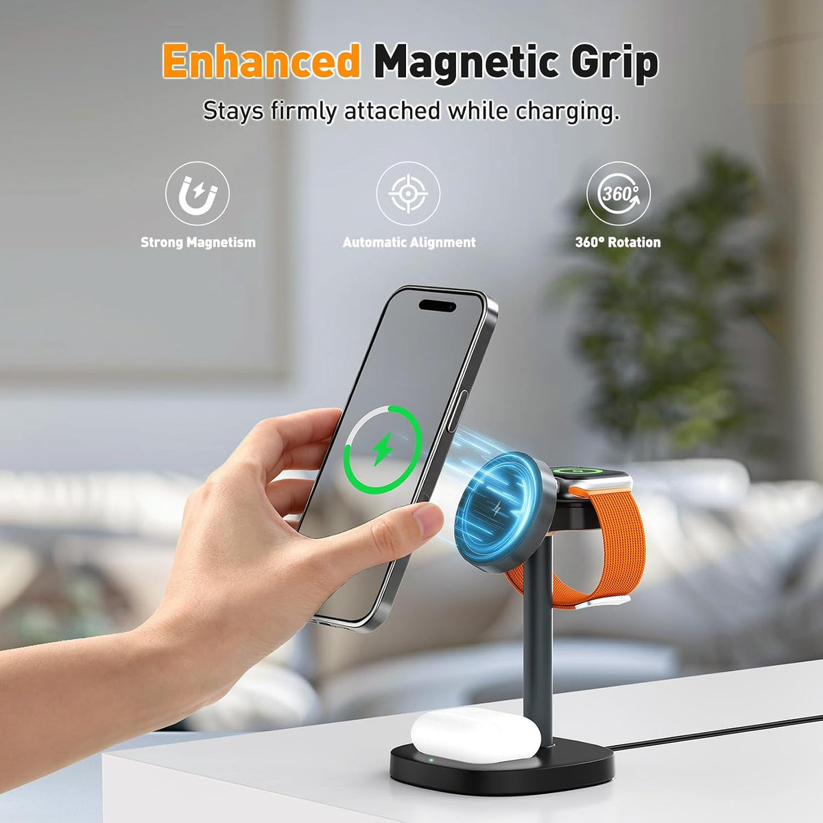 3 in 1 Fast Charging Station, 15W Magnetic Wireless Charger Stand