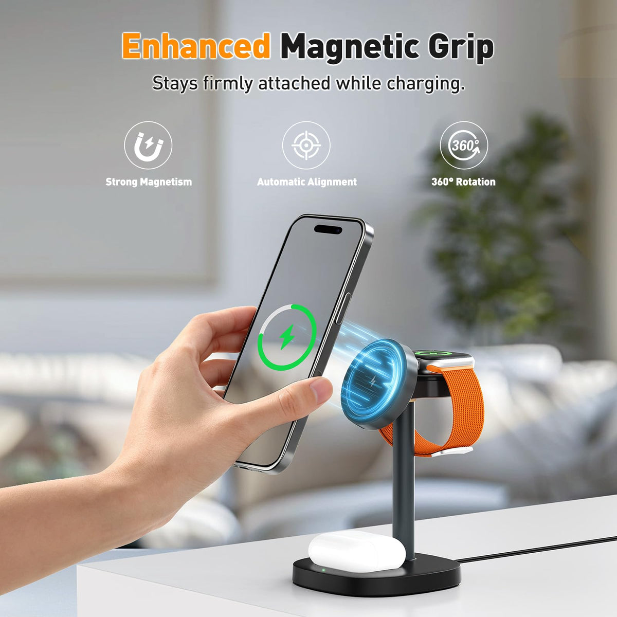 3 in 1 Fast Charging Station, 15W Magnetic Wireless Charger Stand
