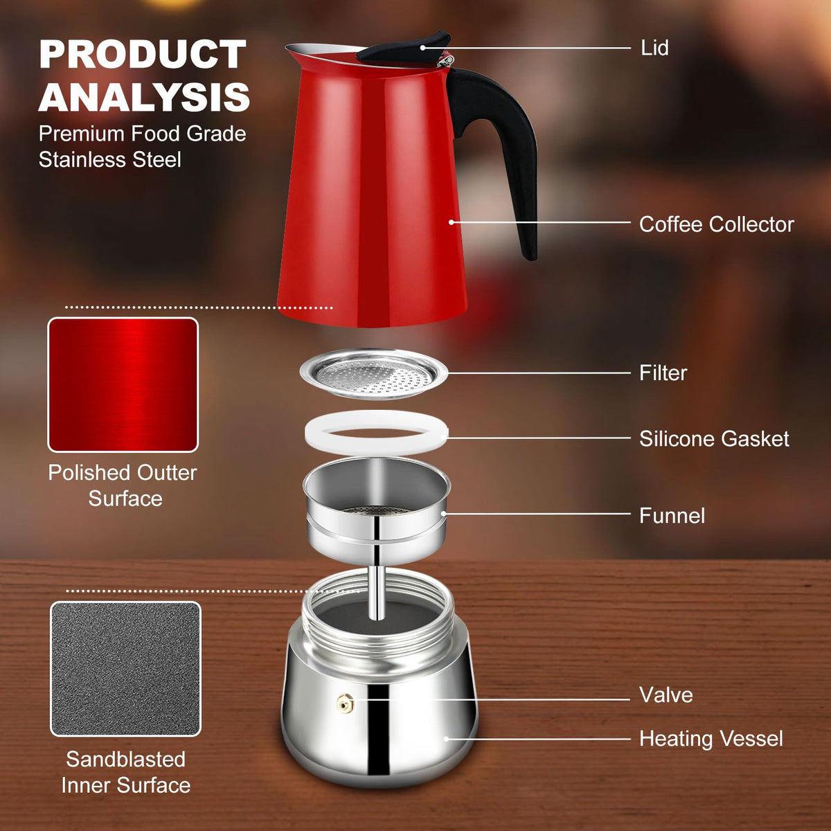 6 Cup Stovetop Espresso Maker Stainless Steel Moka Pot Stove Top Percolator Italian Coffee Makers Capable Mocha Greca Machine Cafe Classic Induction Cookers for Home and Camping 300ml 10oz