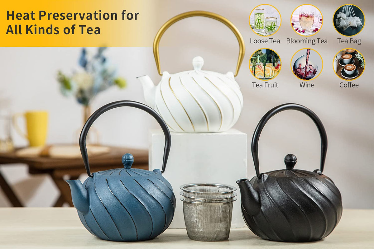 TOPTIER Japanese Teapot with Stainless Steel Infuser, Cast Iron Tea Kettle Stovetop Safe, Leaf Design Coated with Enameled Interior for 32 Ounce (950 ml), Light Green