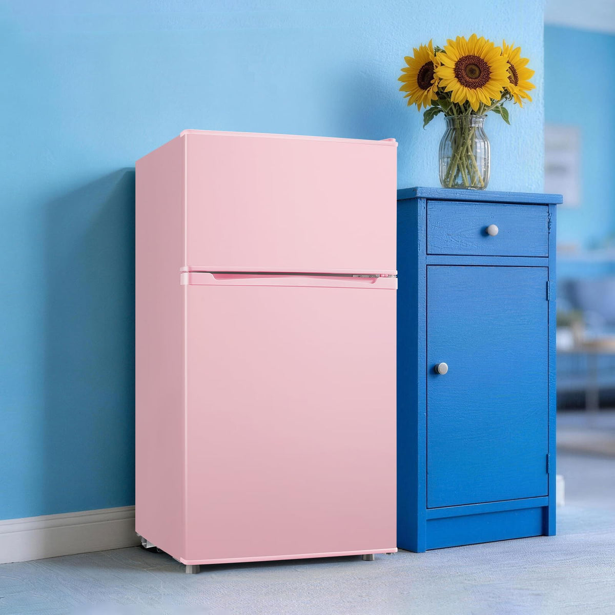 Mini Fridge with Freezer, 3.5 cubic feet 2- Doors Small Refrigerator Features 7 Gear Mechanical Control, Side Bottle Rack, Ideal for Dorm, Kitchen, Apartment, Office, Silver