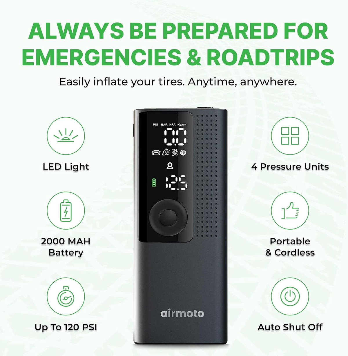 Airmoto Tire Inflator Portable Air Compressor for Cars, Bikes and Bicycles | Cordless Air Pump with Digital Pressure Gauge, Bright LED & Auto Shut-Off, Works on All Tires and Inflatables