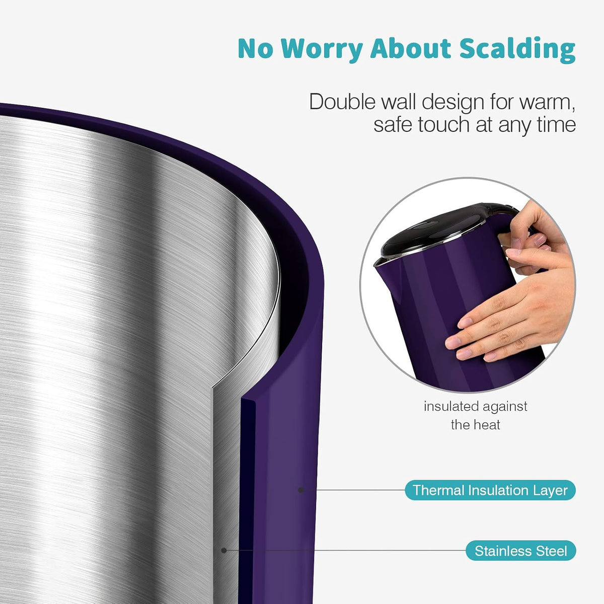 Secura Original Stainless Steel Double Wall Electric Water Kettle 1.8 Quart with Auto Shut-Off & Boil-Dry Protection, Dark Purple SWK-1701DP/HB-3227B