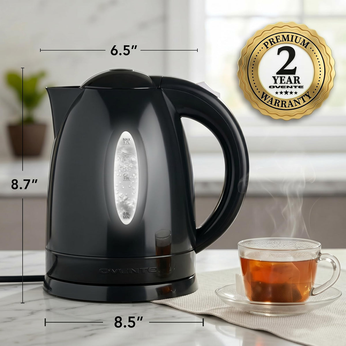 OVENTE 1.7L Electric Tea Kettle, Fast Boiling Water Heater, White KP72W