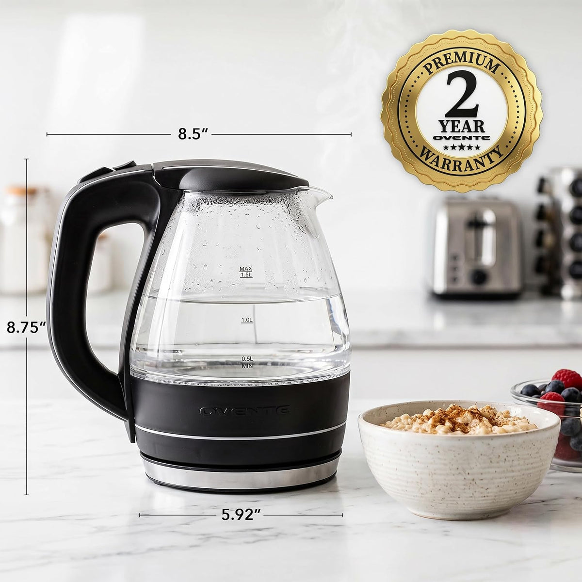 OVENTE 1.5L Glass Electric Kettle Water Boiler, Black KG83B