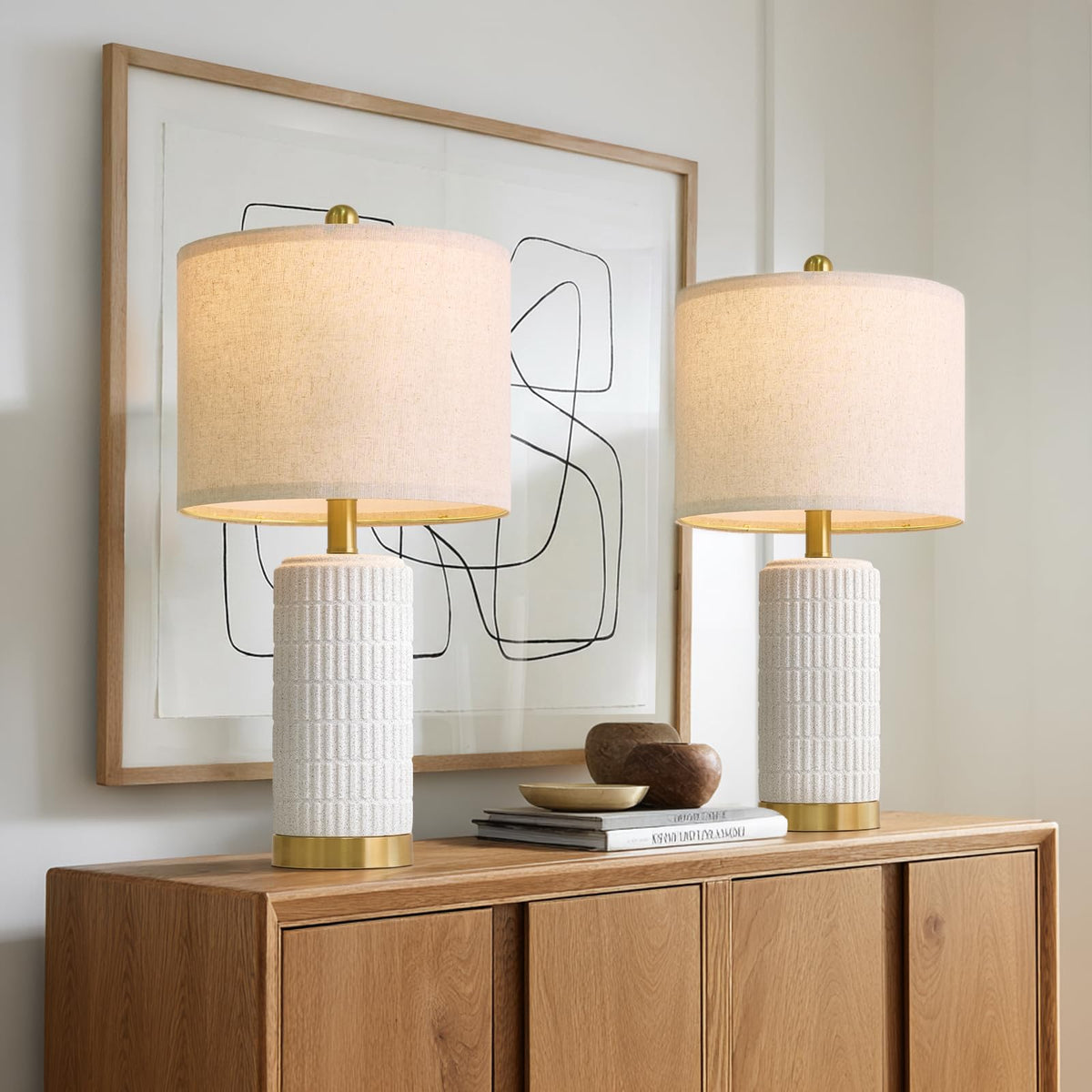 PoKat 20.75" Small Modern Ceramic Table Lamps Set of 2 for Bedroom, White