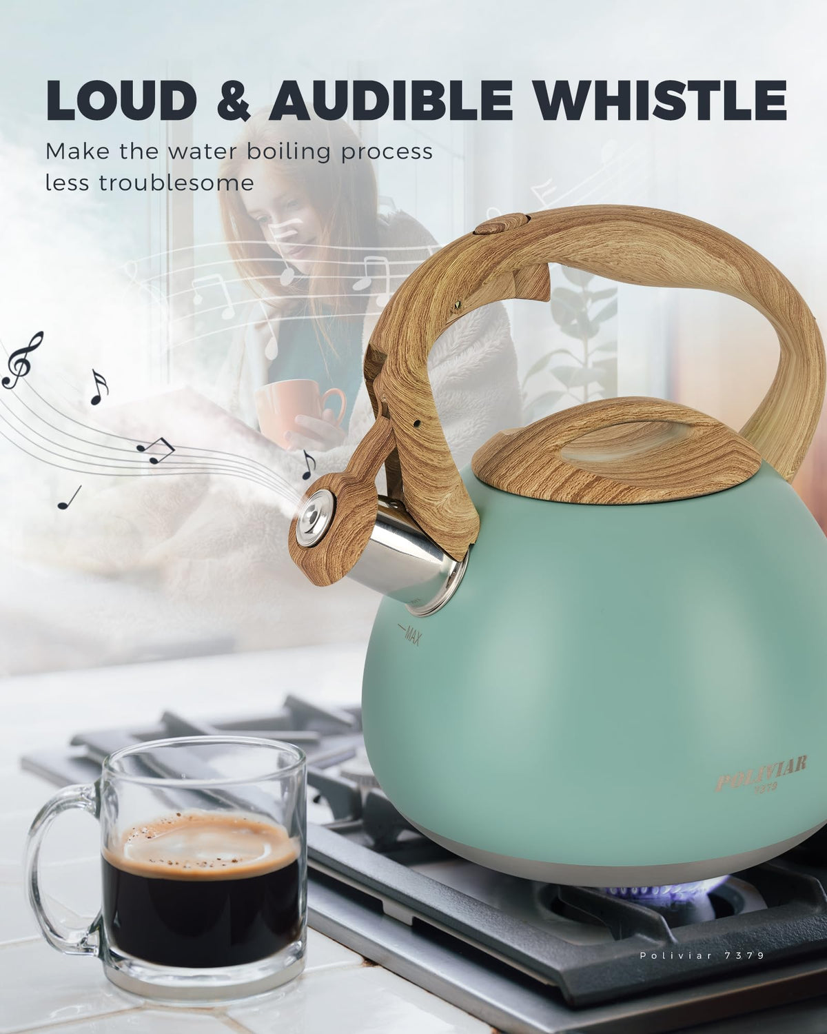 POLIVIAR Tea Kettle, 2.7 Quart Natural Stone Finish with Wood Pattern Handle Loud Whistle Food Grade Stainless Steel Teapot, Anti-Hot Handle and Anti-Rust, Suitable for All Heat Sources (JX2018-GR20)