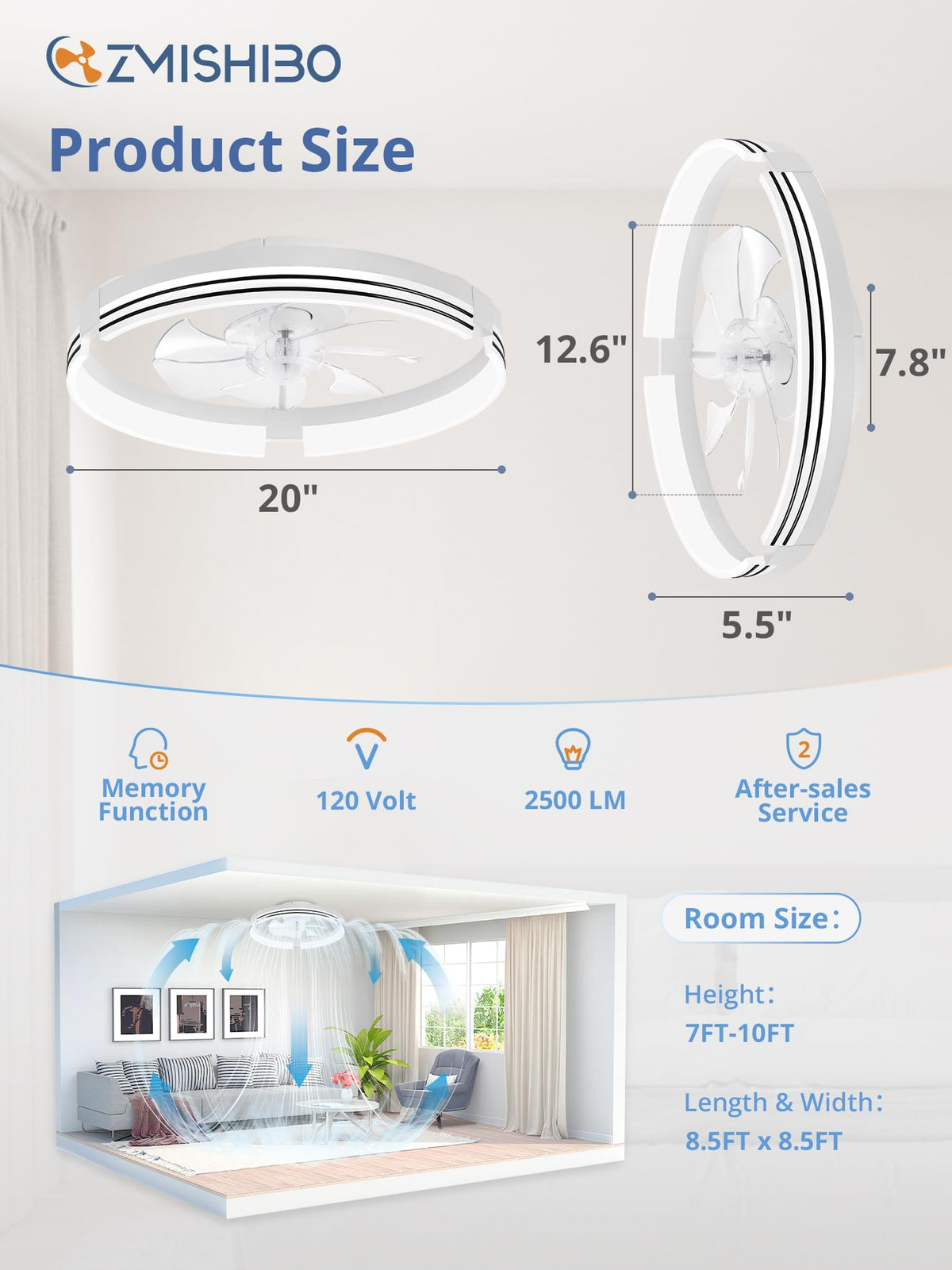 ZMISHIBO Low Profile Ceiling Fans with Lights and Remote, 20" Black