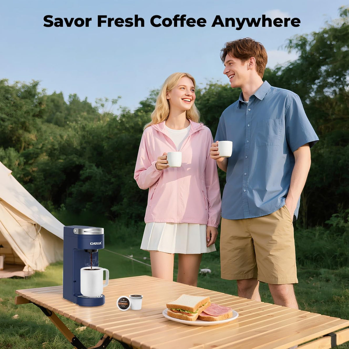 CHULUX Slim Single Serve Coffee Maker for K Cup, One Cup Design, Matte Navy