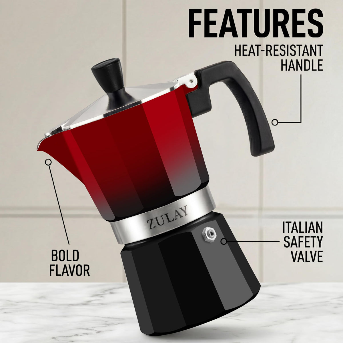 Zulay Moka Pot Espresso Stovetop Coffee Maker - Leak-Proof, Stainless Steel, Easy to Clean, Heat Resistant Handle & Knob - for Authentic Cuban & Italian Style Espresso - Makes 6 Espresso Cups - Red