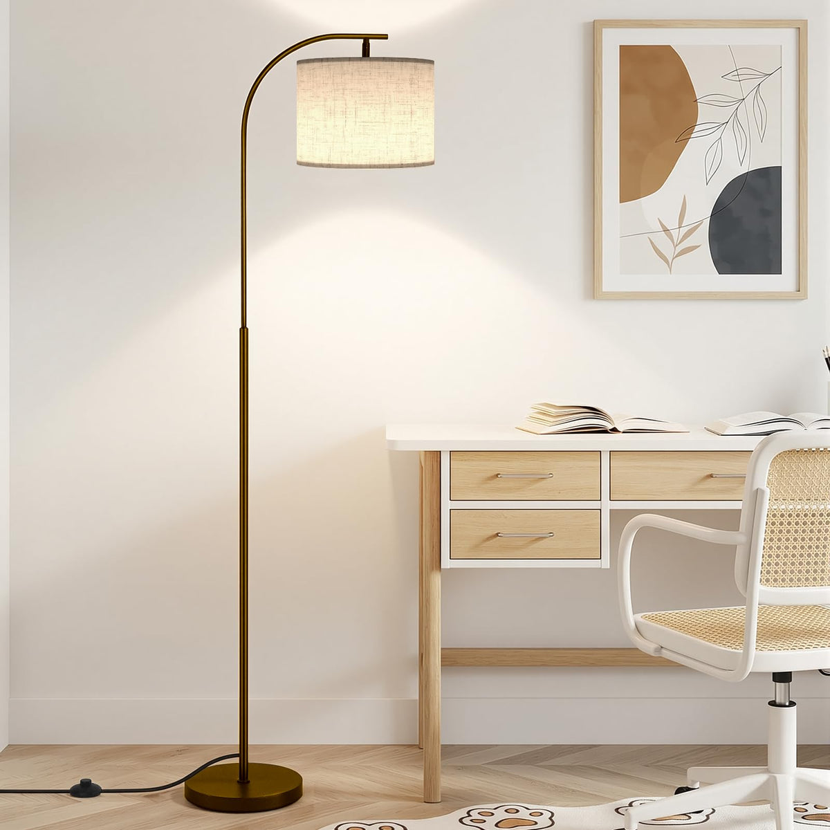 SIBRILLE Floor Lamp with Linen Shade, Arc Dimmable Tall Standing Lamp with Remote Control, Modern Floor Reading Light for Living Room Bedroom Office Corner, 9W LED Bulb Included
