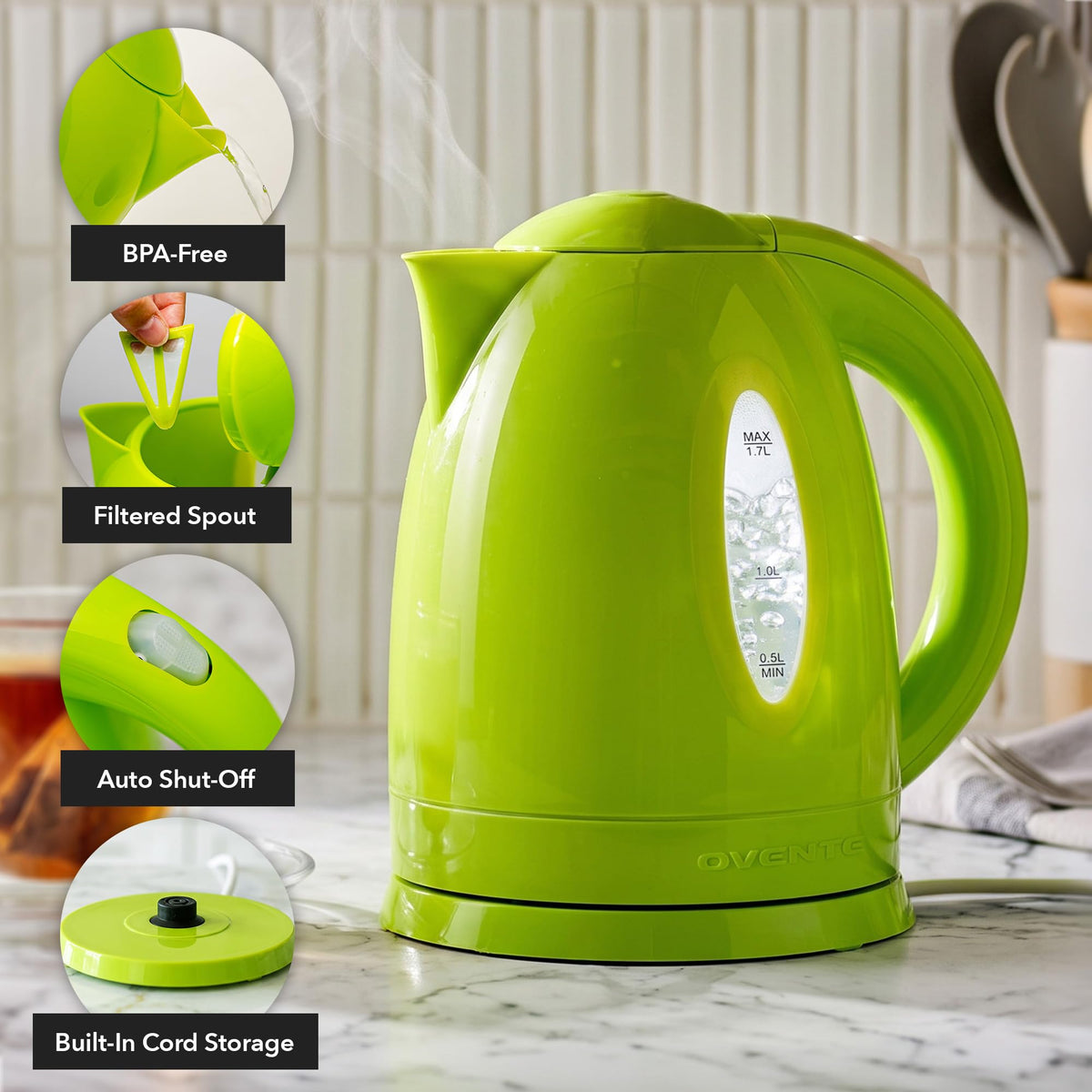 OVENTE 1.7L Electric Tea Kettle, Fast Boiling Water Heater, White KP72W