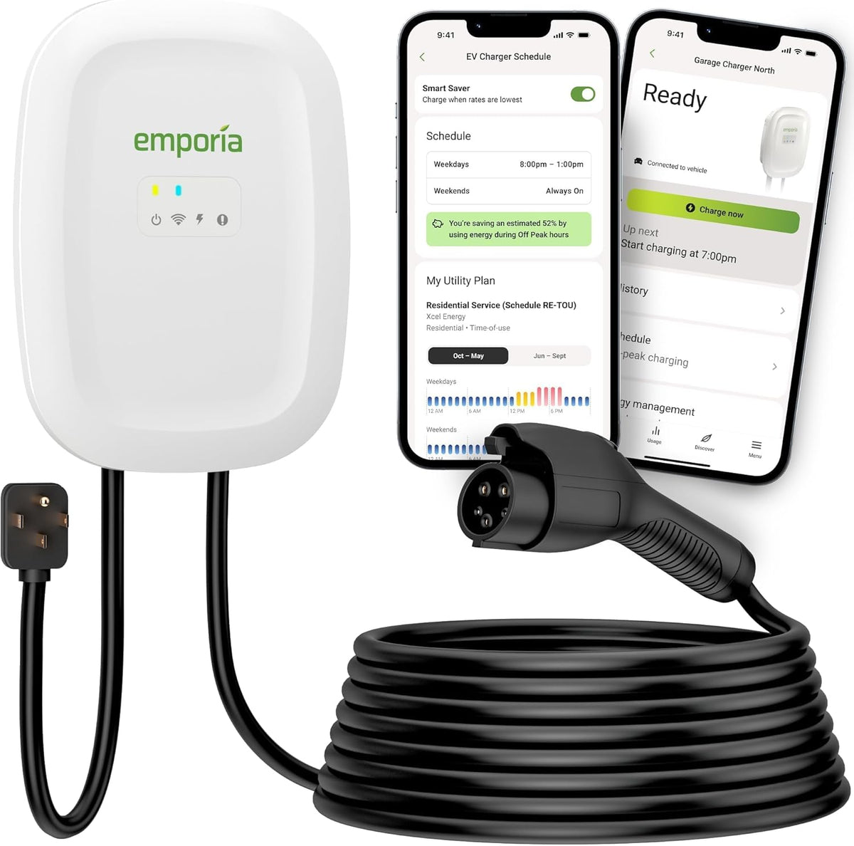 EMPORIA Level 2 EV Charger w/ J1772 Connector — 48 Amp, 240V WiFi Enabled Electric Vehicle Charging Station, 25ft Cable, NEMA 14-50, White