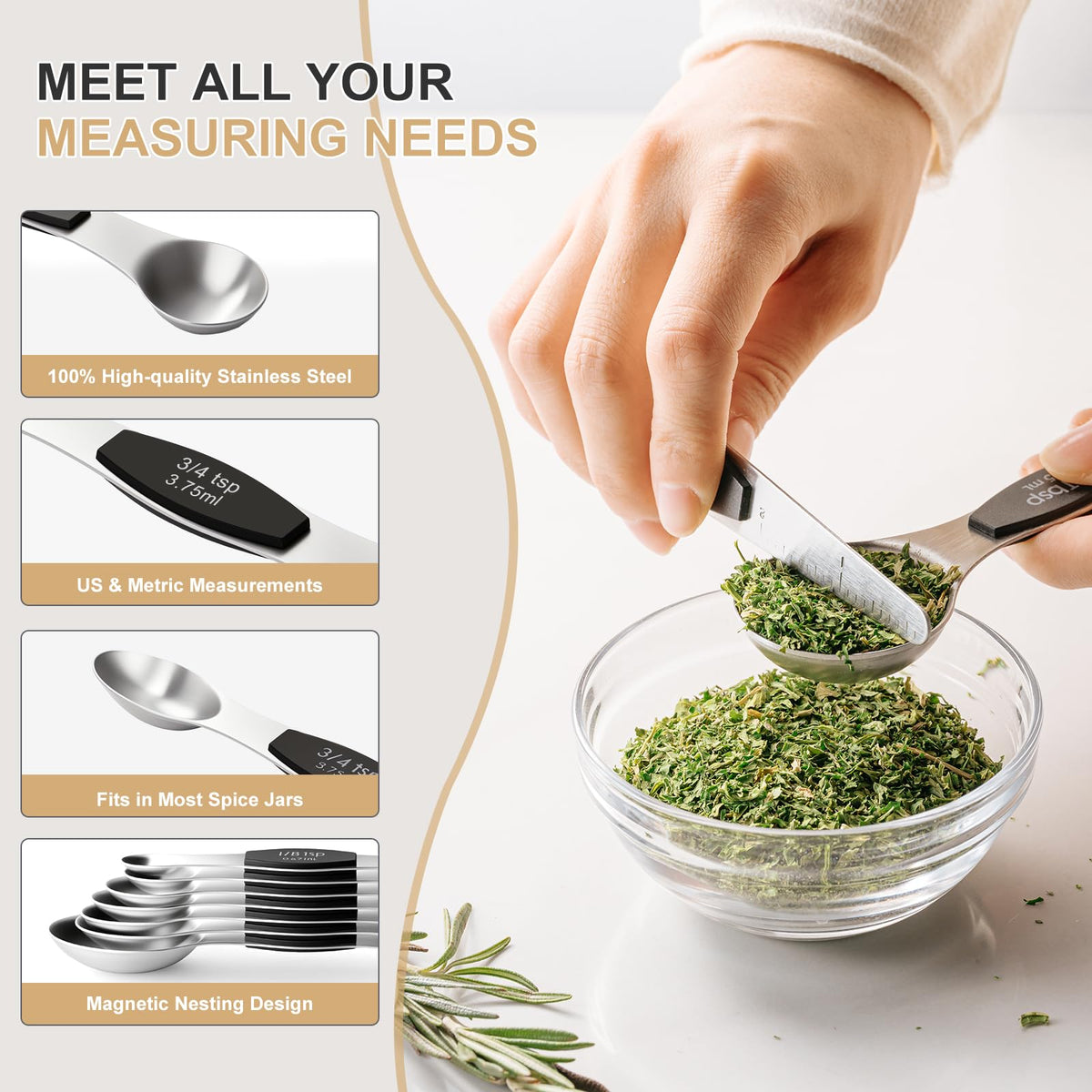 EWFEN Measuring Cups and Spoons Set, 7 Stainless Steel Nesting Measuring Cups & 7 Spoons, 5 Mini Measuring Spoons &1 Leveler, Kitchen Gadgets for Cooking & Baking, Square