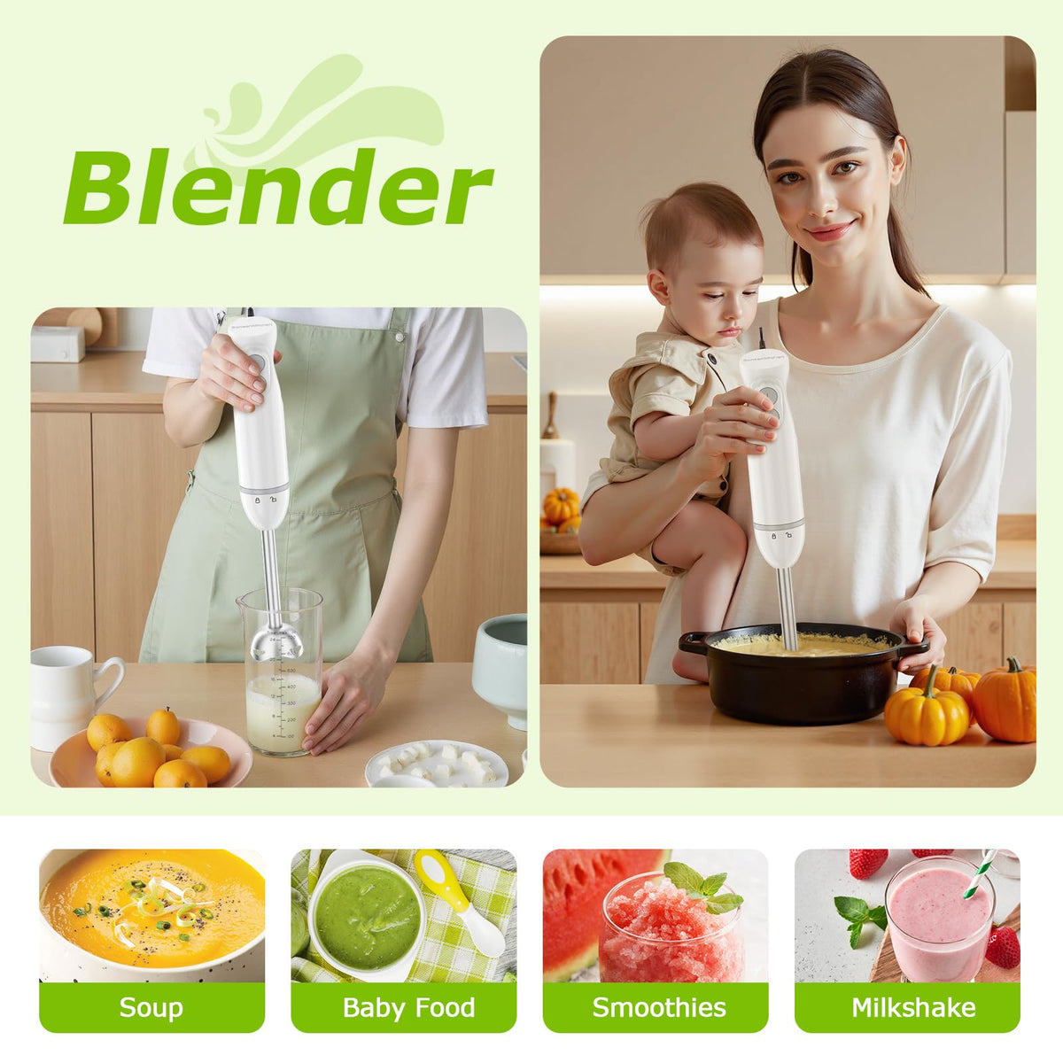 Bonsenkitchen Immersion Hand Blender, Smoothie, Puree, Baby Food