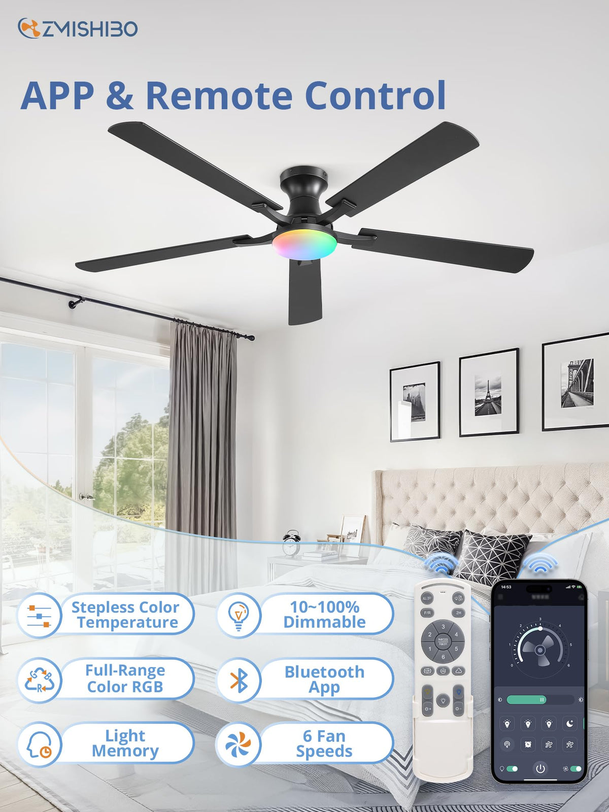 ZMISHIBO 52 Inch Ceiling Fans with Lights, Remote&App Control, Flush Mount
