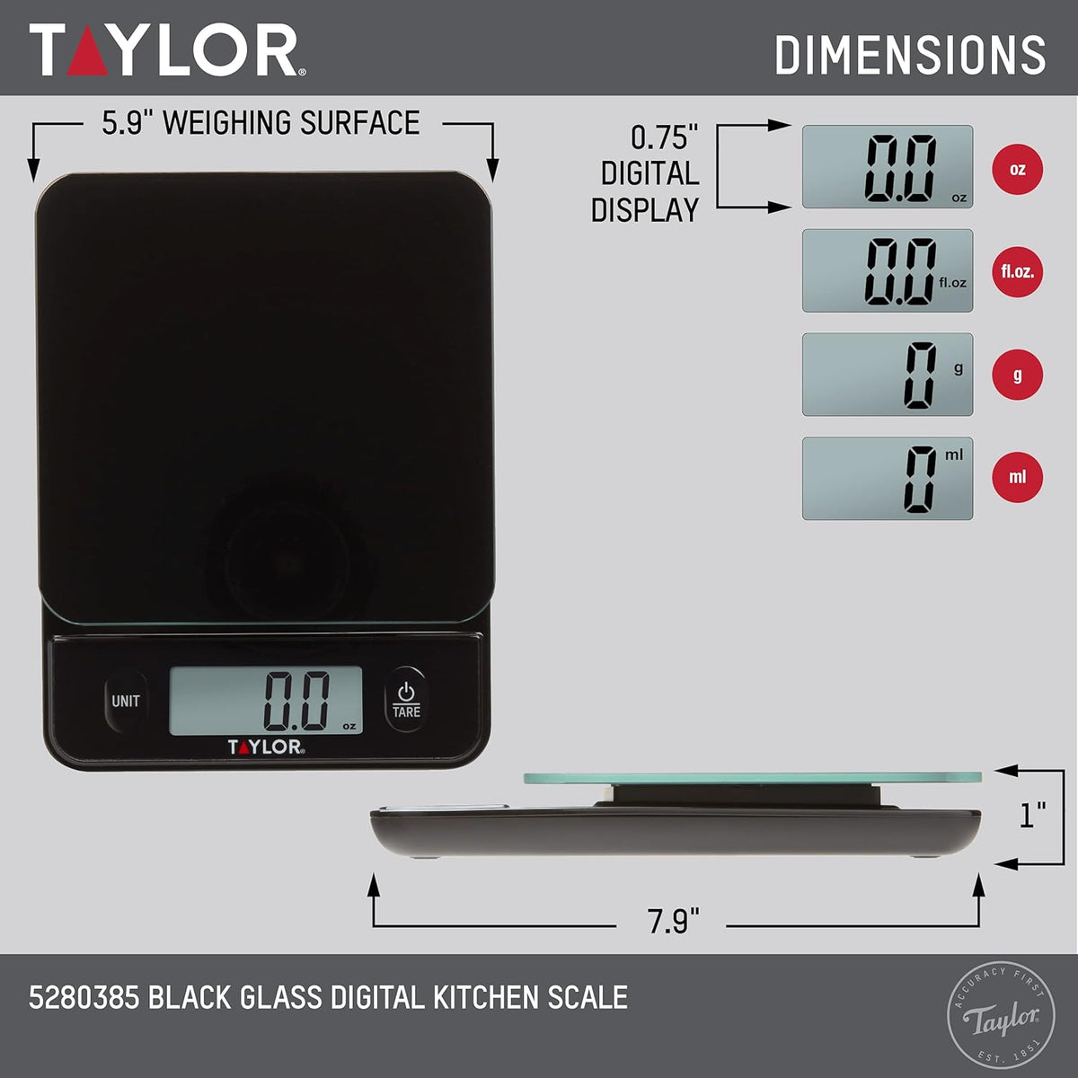 Taylor Digital Kitchen Food Scale with Black Glass Top - 11 lb Max Capacity