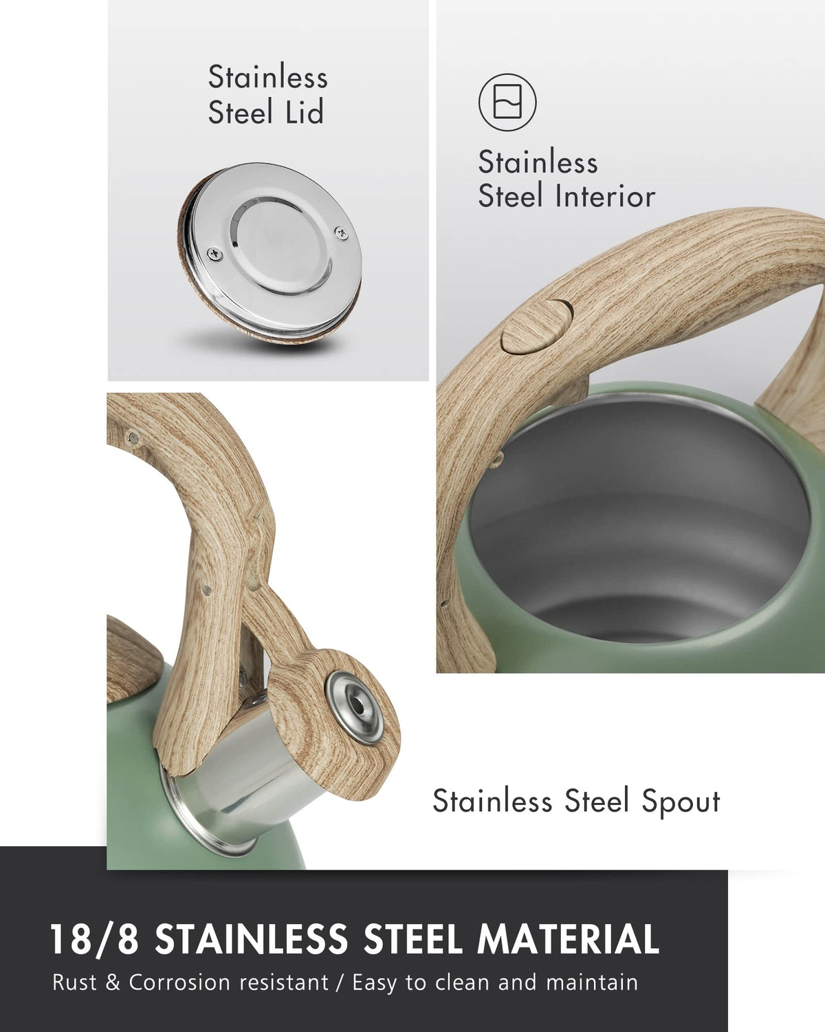 POLIVIAR Tea Kettle, 2.7 Quart Natural Stone Finish with Wood Pattern Handle Loud Whistle Food Grade Stainless Steel Teapot, Anti-Hot Handle and Anti-Rust, Suitable for All Heat Sources (JX2018-GR20)