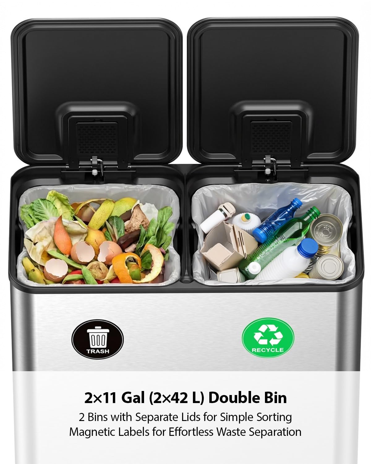 Lovewind Dual Trash and Recycling Bins for Kitchen, 2 * 11-Gallon Stainless Steel Double Trash Can, Step-On Garbage and Recycle Combo, Quiet Close, Pet-Proof, Compatible with 13-Gallon Bags, White