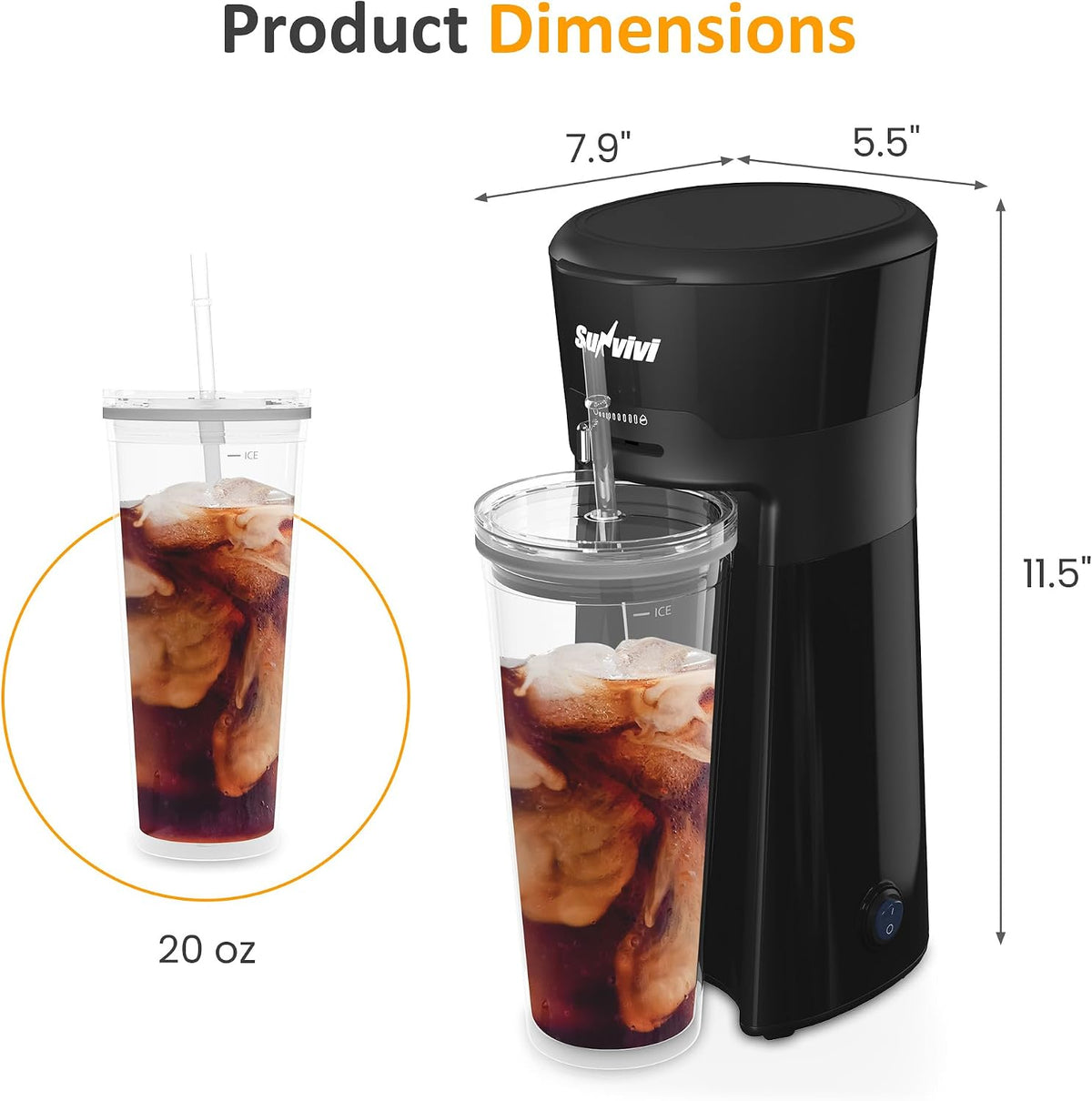 SUNVIVI 20Oz Iced Tea Coffee Maker with Reusable Filter - Small,Hot Brew