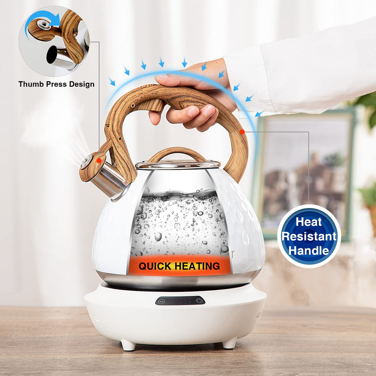Tea Kettle, Toptier Teapot Whistling Kettle with Wood Pattern Handle Loud Whistle, Food Grade Stainless Steel Tea Pot for Stovetops Induction Water Kettle, 2.7-Quart Butterfly