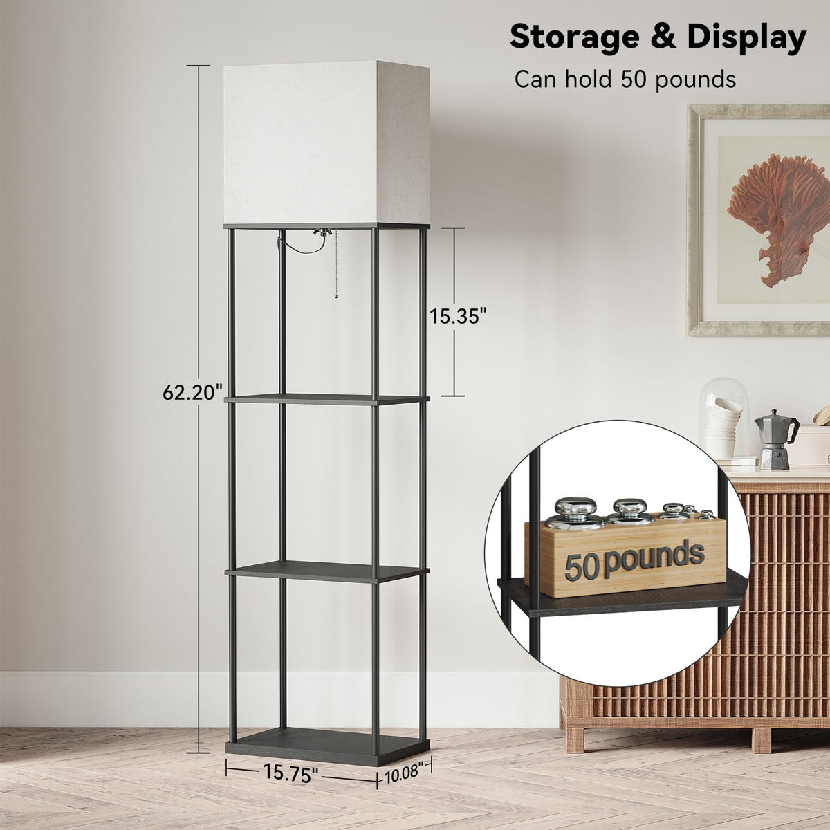 SUNMORY Floor Lamp with Shelves, Standing Lamps for Living Room, Black