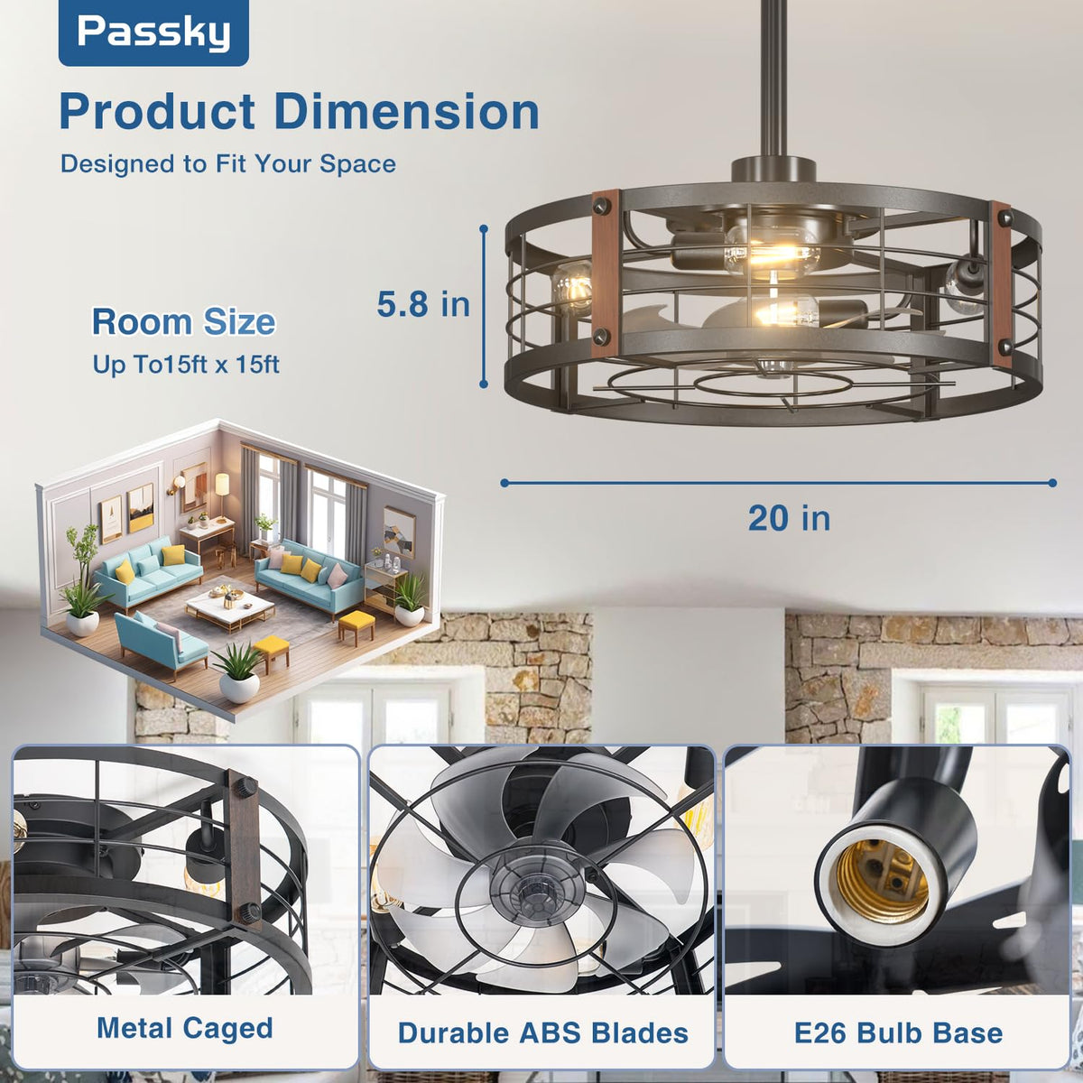 Passky 20" Caged Ceiling Fans with Lights and Remote, Low Profile Fandelier