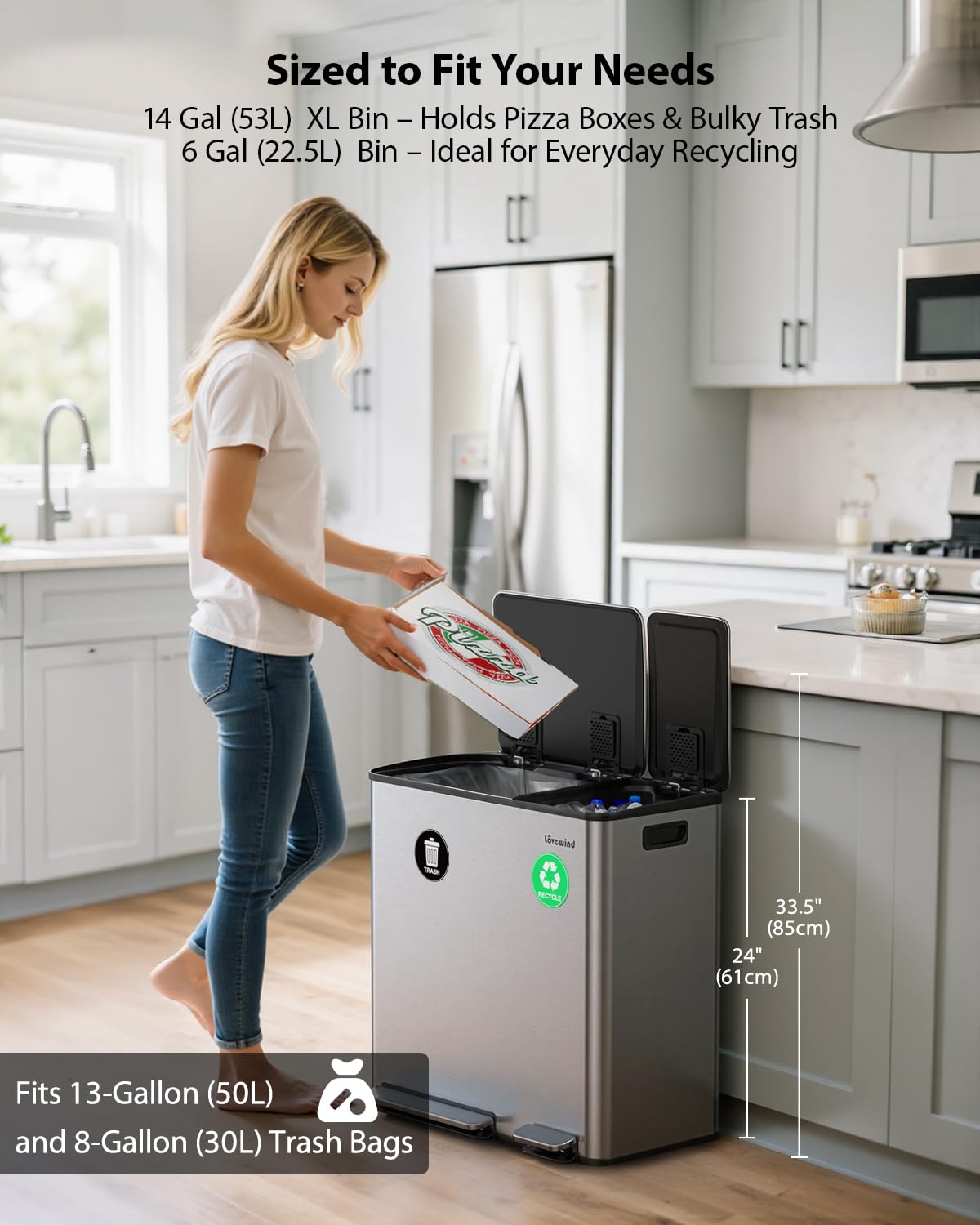 Lovewind Dual Trash and Recycling Bins for Kitchen, 2 * 11-Gallon Stainless Steel Double Trash Can, Step-On Garbage and Recycle Combo, Quiet Close, Pet-Proof, Compatible with 13-Gallon Bags, White