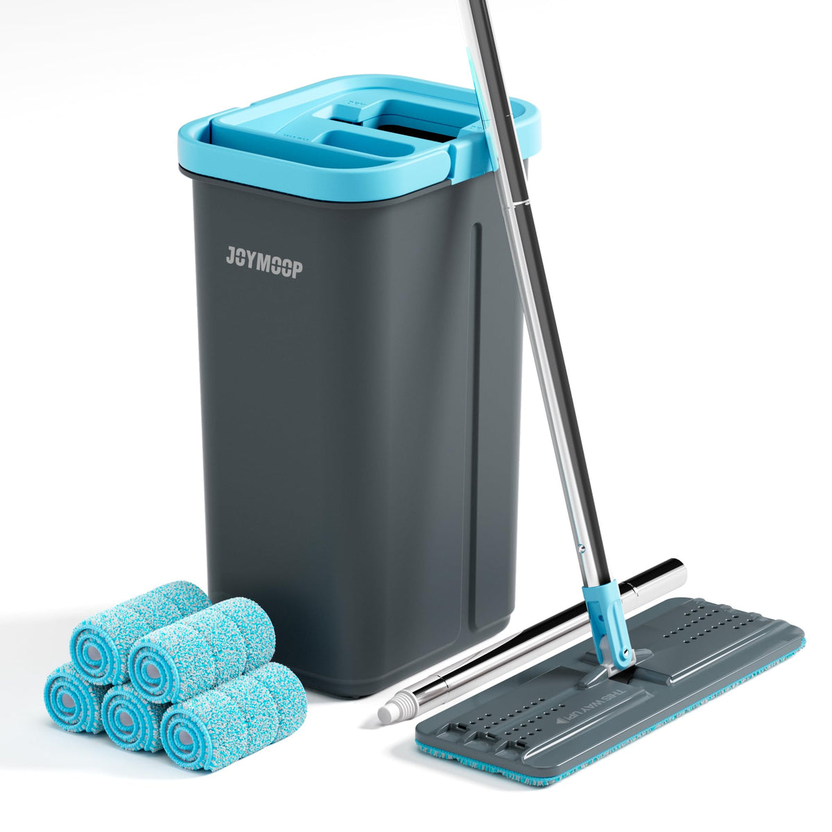JOYMOOP Flat Mop System, Microfiber Mop and Bucket Set, White, Commercial & Household Use, Hardwood Floor & Wall Cleaning Mop with Long Handle, 4 Microfiber Pads