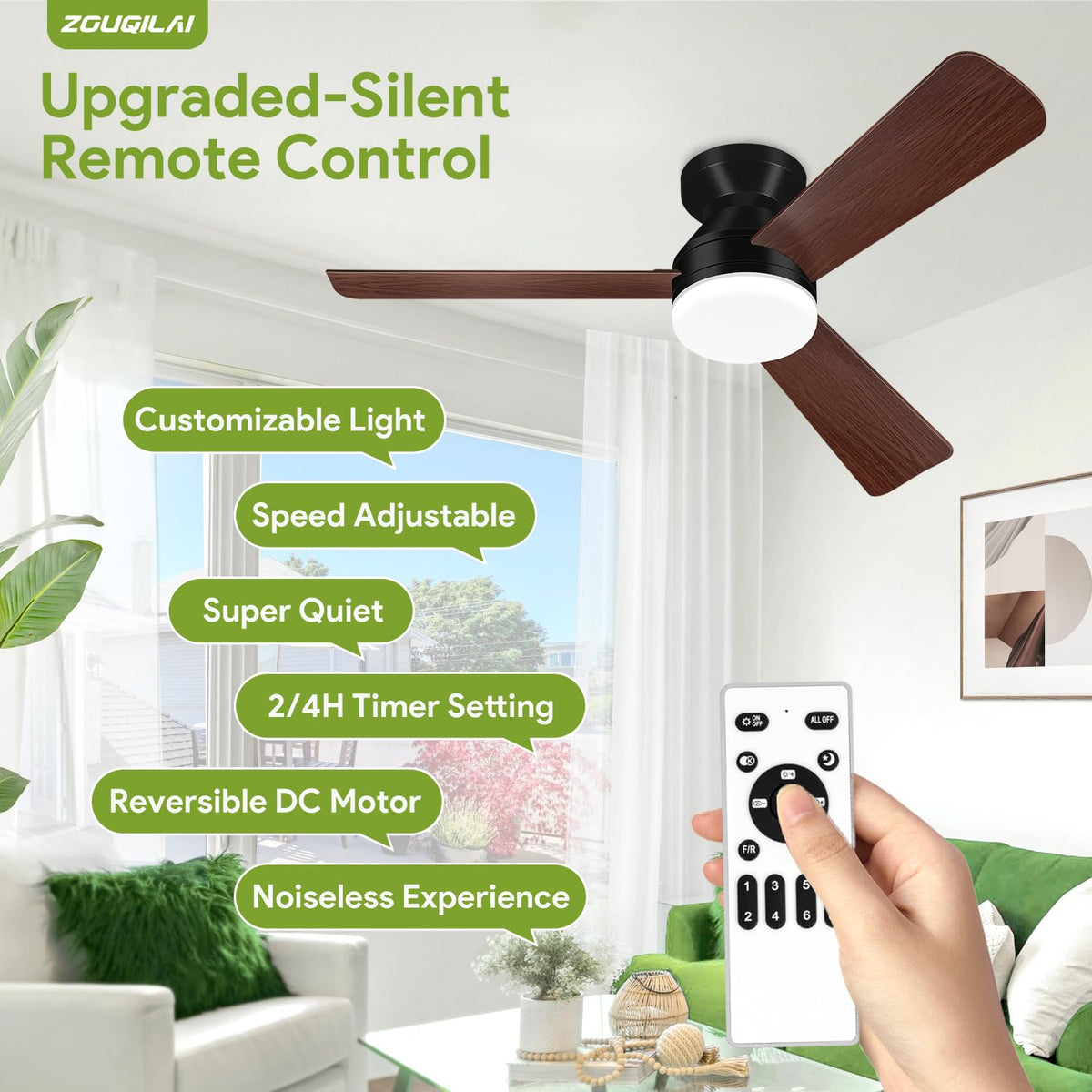 42'' Black Low Profile Ceiling Fans with Lights and Remote Control