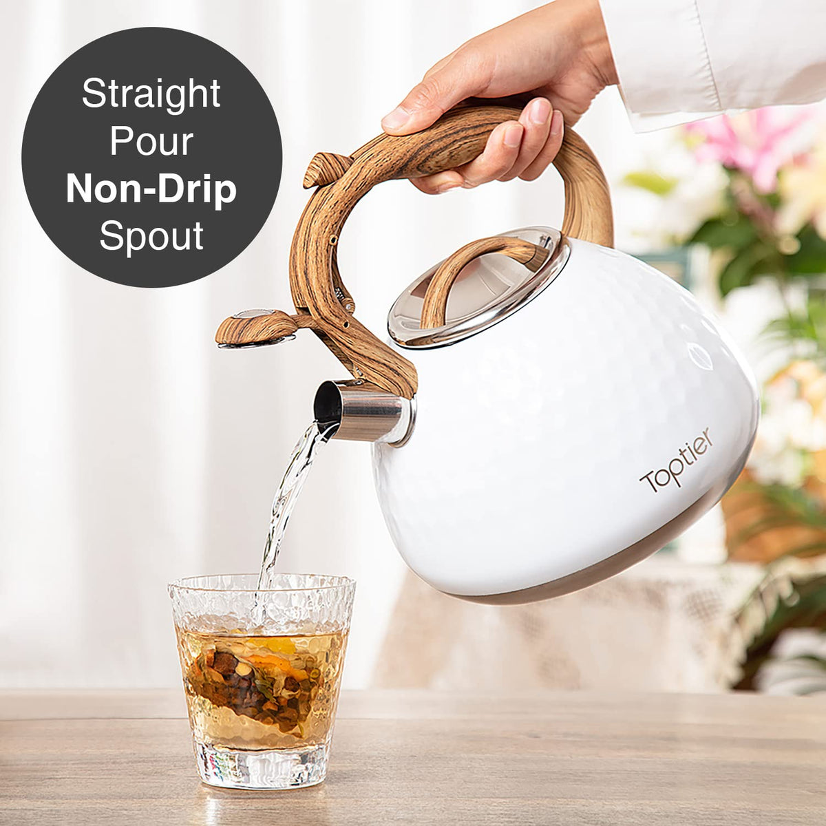 Tea Kettle, Toptier Teapot Whistling Kettle with Wood Pattern Handle Loud Whistle, Food Grade Stainless Steel Tea Pot for Stovetops Induction Water Kettle, 2.7-Quart Butterfly