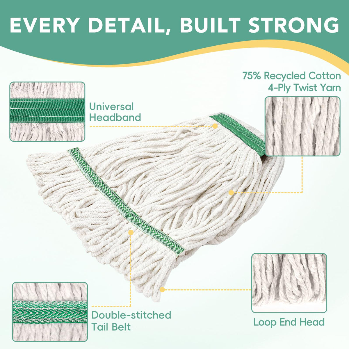 6 Pack Commercial Mop Head Replacement – Heavy Duty Mop Head for General and Floor Cleaning | Industrial Wet Mops | Washable Refill, Reusable, Looped End Mopheads | Hardwood, Concrete