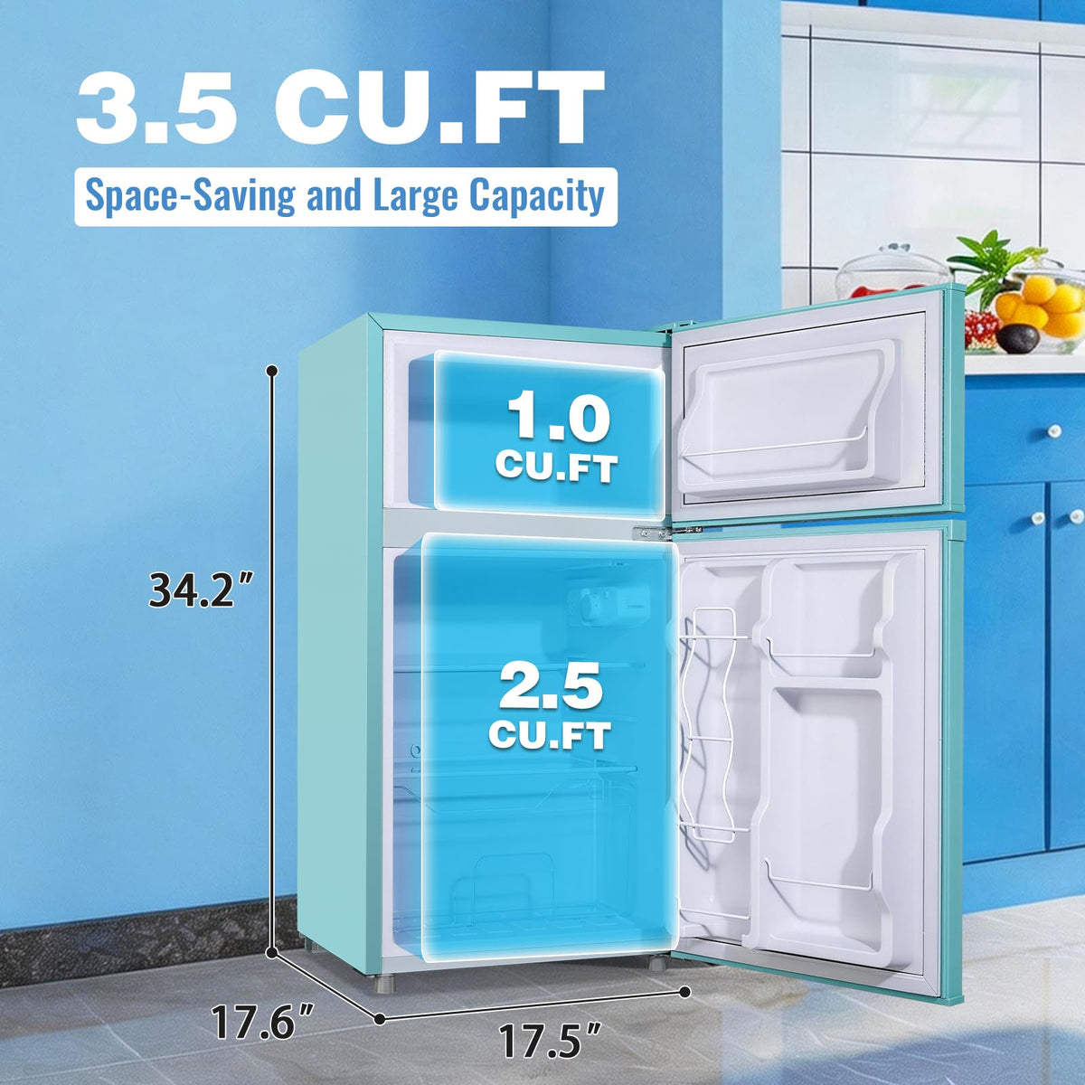 3.5 Cu.Ft Compact Refrigerator Gray, Dual-Door MIni Fridge for Home