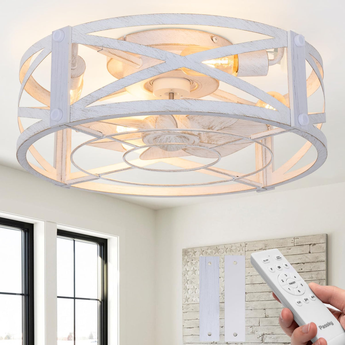 Passky 20" Caged Ceiling Fans with Lights and Remote, Low Profile Fandelier