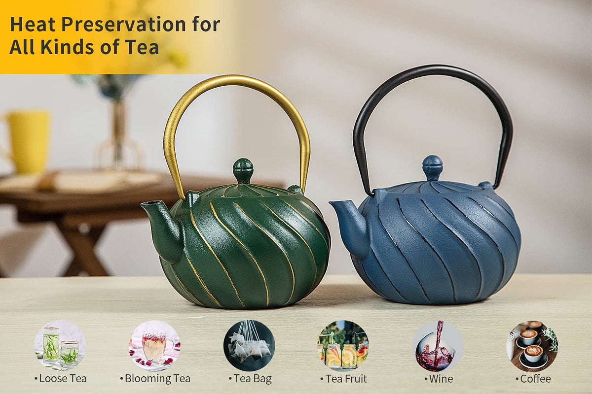 TOPTIER Japanese Teapot with Stainless Steel Infuser, Cast Iron Tea Kettle Stovetop Safe, Leaf Design Coated with Enameled Interior for 32 Ounce (950 ml), Light Green