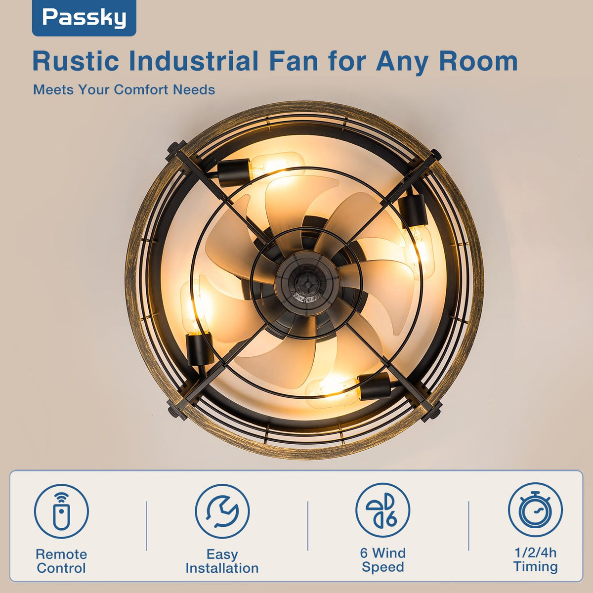 Passky 20" Caged Ceiling Fans with Lights and Remote, Low Profile Fandelier
