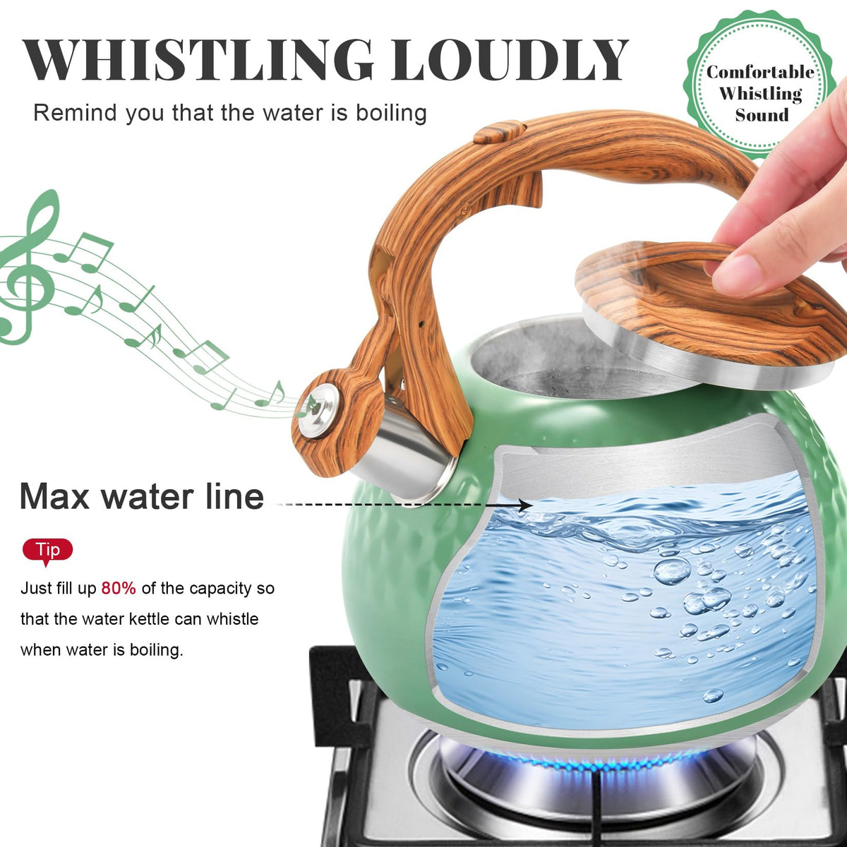 GGC Whistling Tea Kettle for Stove Top, 3.2QT/3L Stainless Steel Tea Kettle