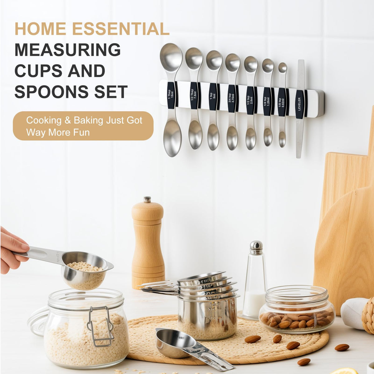 EWFEN Measuring Cups and Spoons Set, 7 Stainless Steel Nesting Measuring Cups & 7 Spoons, 5 Mini Measuring Spoons &1 Leveler, Kitchen Gadgets for Cooking & Baking, Square