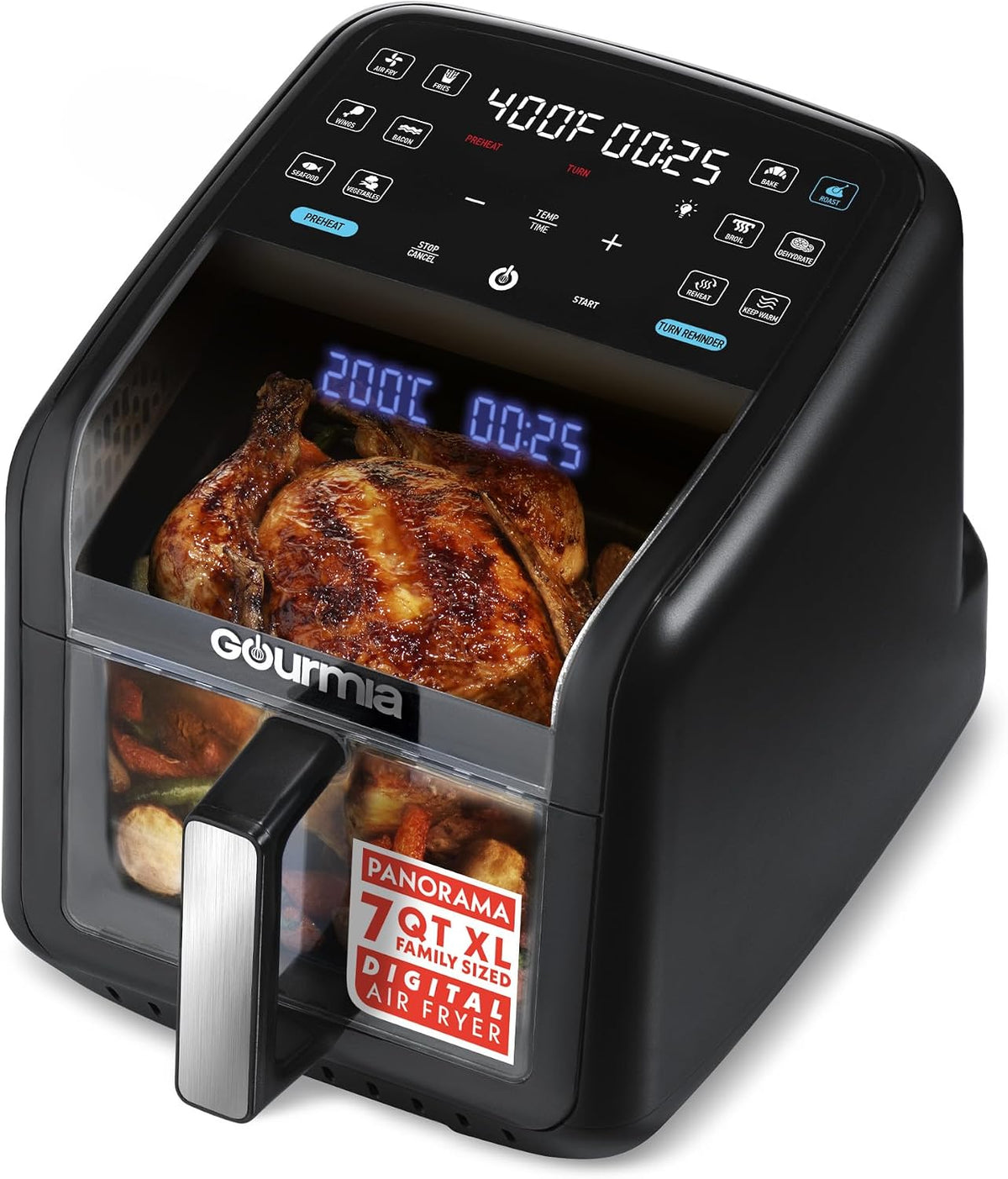 Gourmia Air Fryer - 7 Qt Basket Capacity with Panorama Window, Black